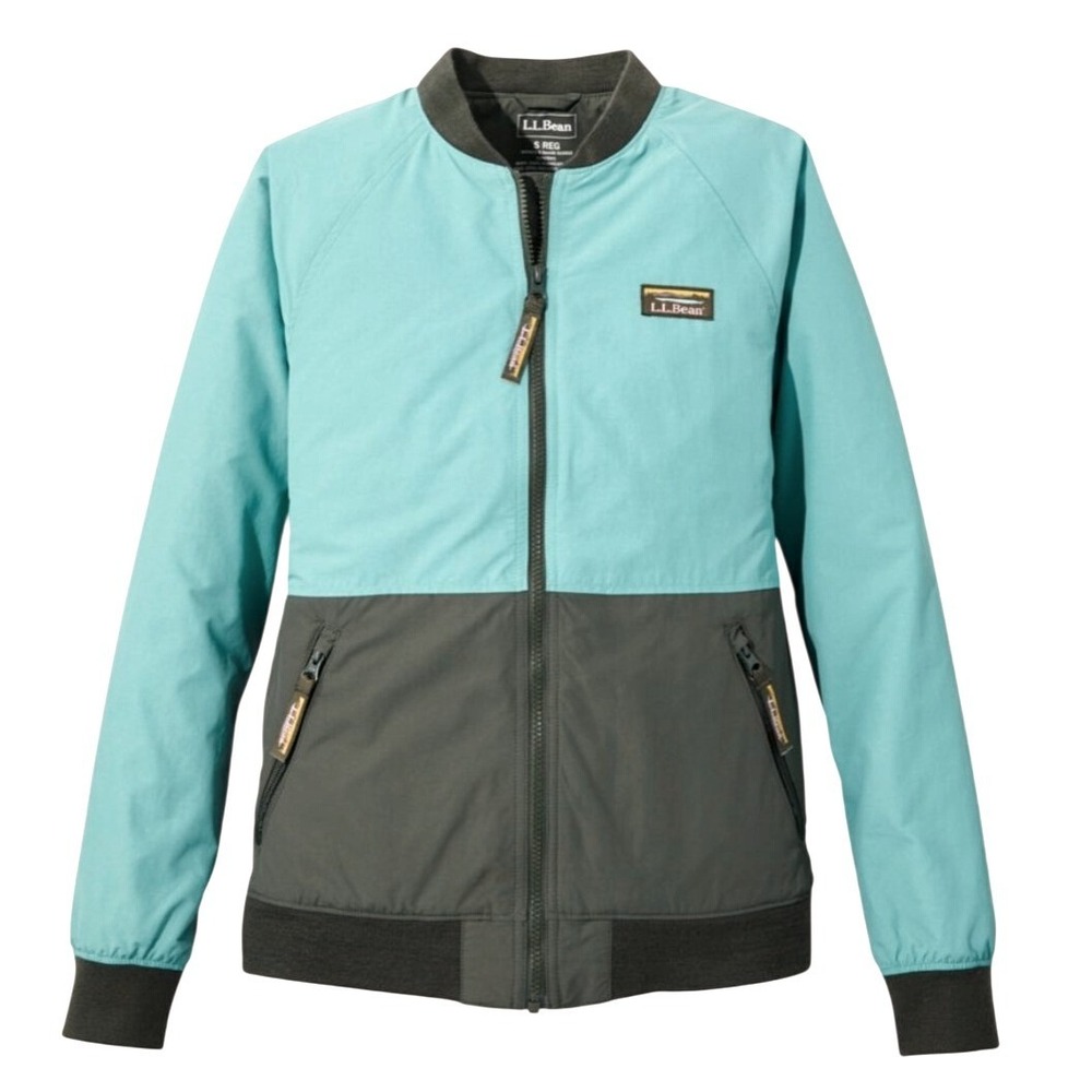 LL Bean Color Block Aviator‎ Bomber Jacket Aqua Olive Green Women's L REG